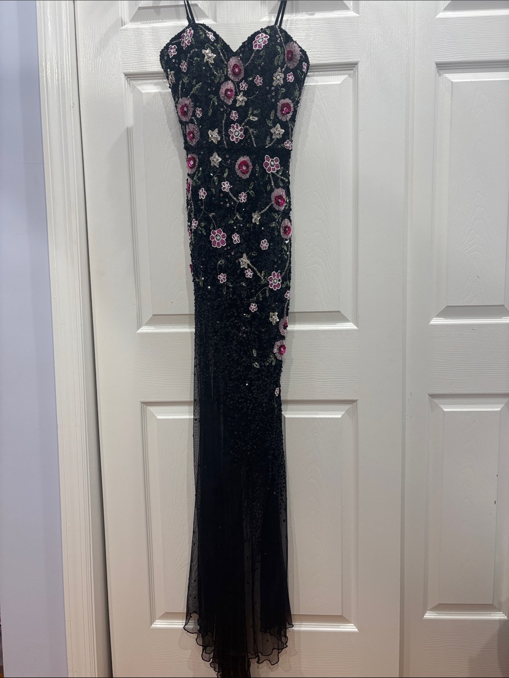 Black Beaded Evening Gown with Pink Floral Embroidery - Picture 3 of 9